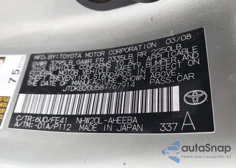 2008 Toyota Prius z USA, uszkodzony, nr VIN JTDKB20U587767914